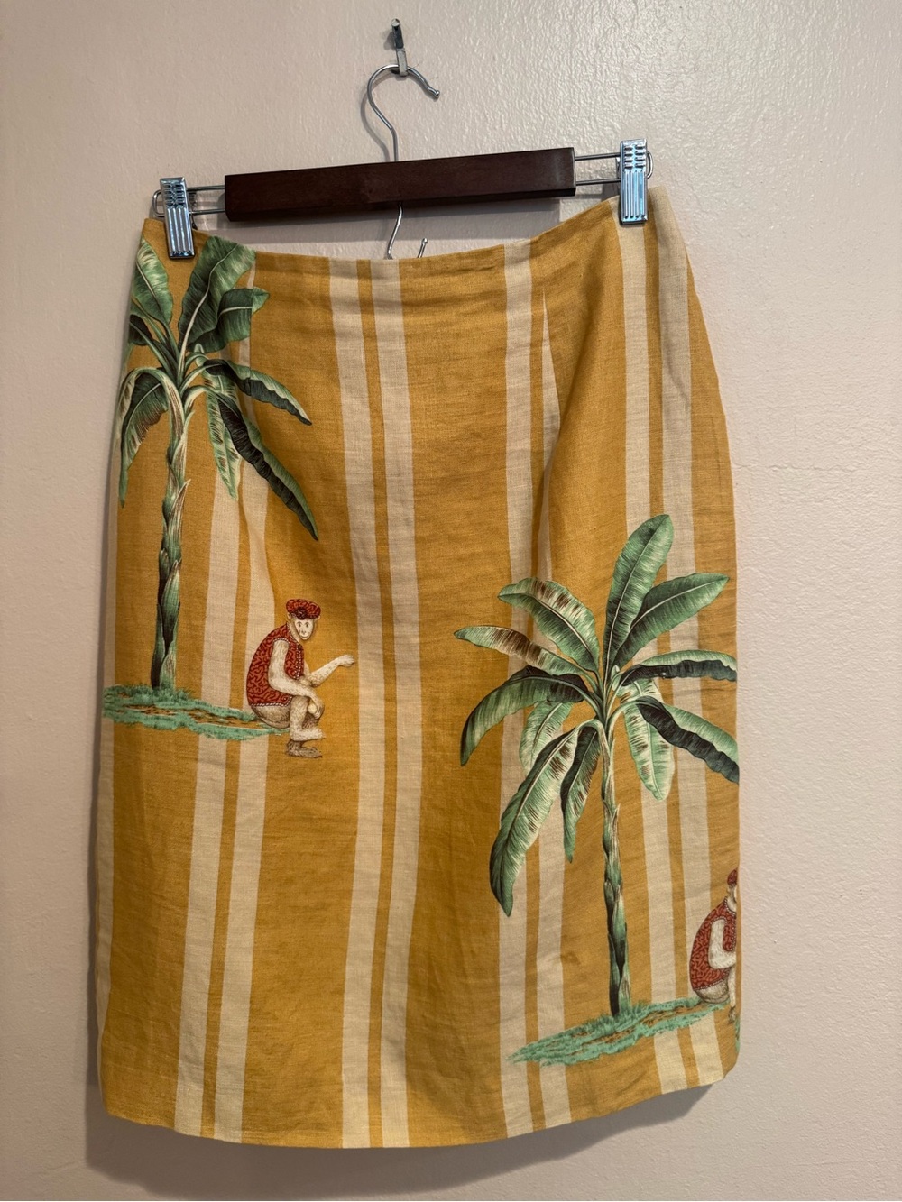 Tropical Mustard Striped Pencil Skirt with Palm Tree and Monkeys